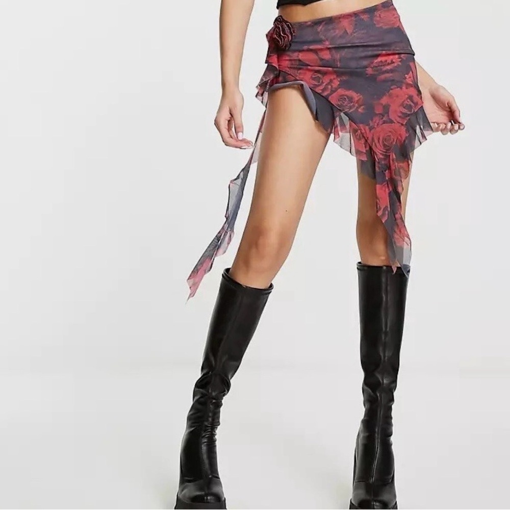 Jaded London Asymmetric Hem Mini Skirt Rose Detail Size US 8